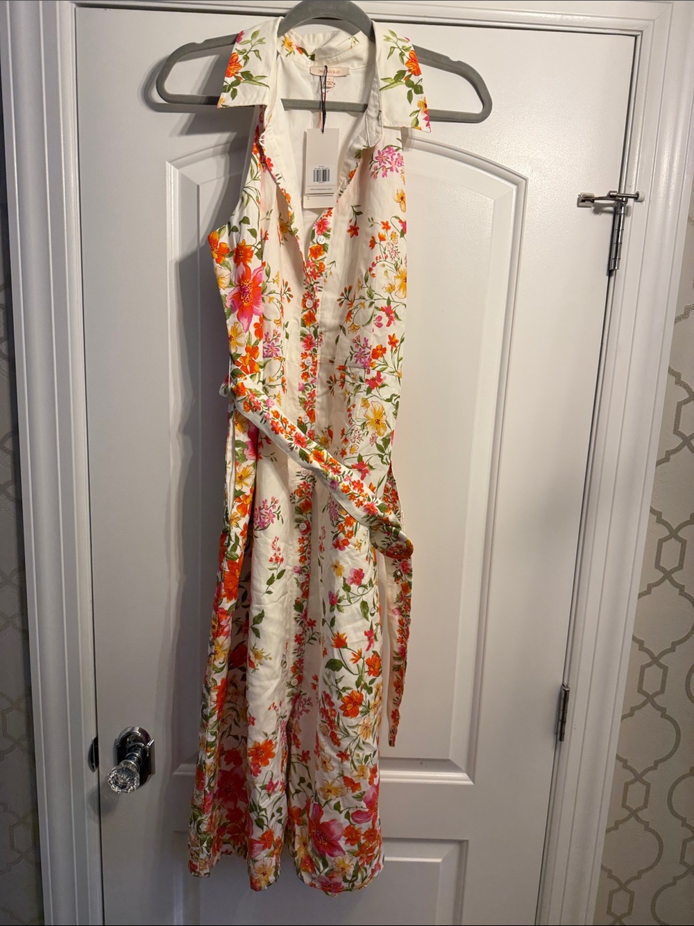 Floral Collared Midi Dress in Cream with Pink & Orange Blooms